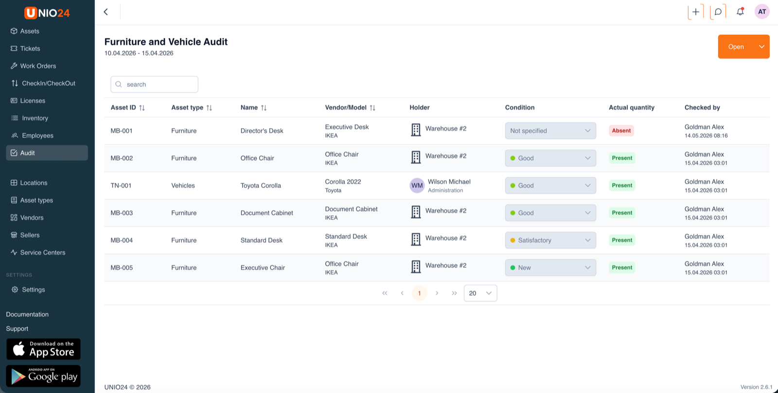 Example UNIO24 audit view, in progress