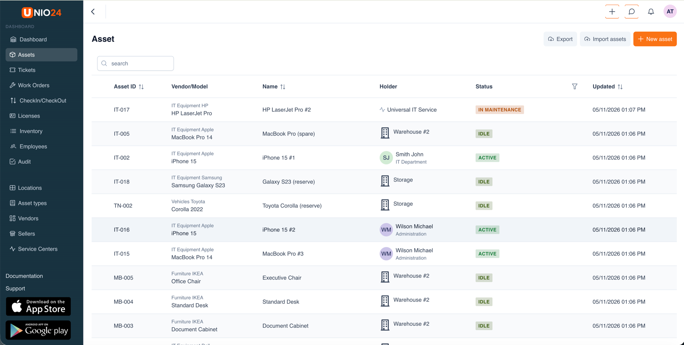 Example UNIO24 asset register populated during a pilot