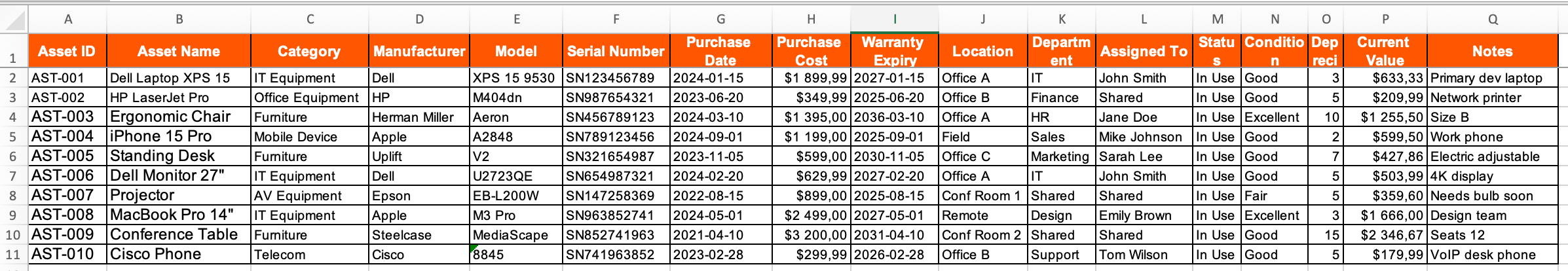 Asset Tracking Spreadsheet Template
