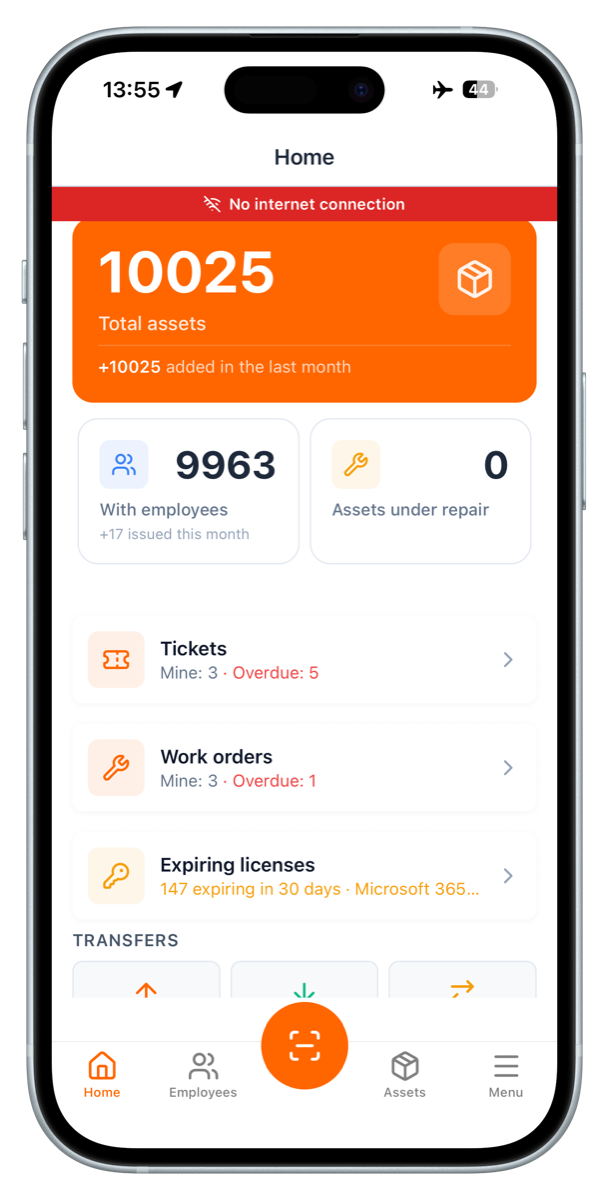 UNIO24 mobile home screen offline with No internet connection banner above asset counts