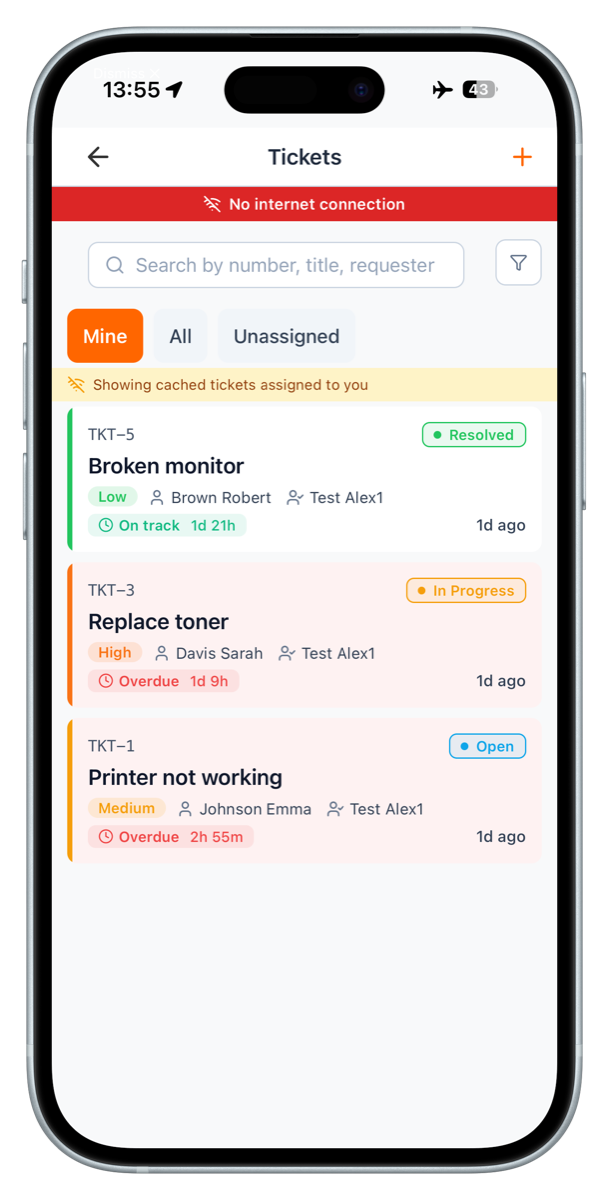 UNIO24 mobile tickets list working offline from local cache