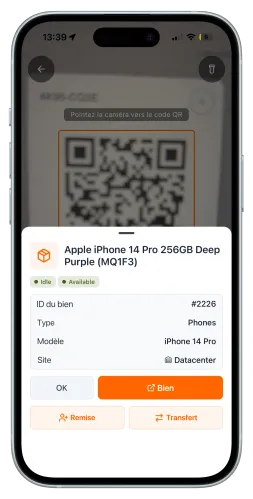 Application mobile UNIO24 après le scan d'une étiquette QR — la fiche du matériel s'ouvre avec les actions Remise et Transfert