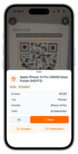 App UNIO24 dopo la scansione di un'etichetta QR: la scheda del bene si apre con le azioni di consegna e trasferimento