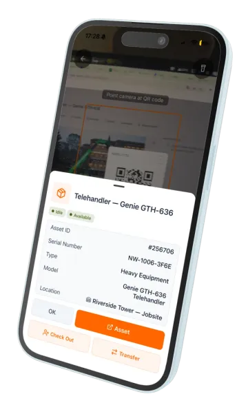 Ponsel memindai label QR aset dan kartu aset langsung terbuka