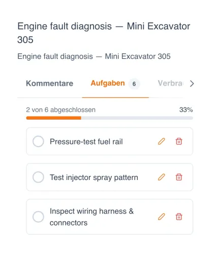Arbeitsauftrag auf einem Handy mit der Checkliste der Teilaufgaben und einem Fortschrittsbalken bei 33 %: Kraftstoffleiste abdrücken, Einspritzbild prüfen, Kabelbaum kontrollieren