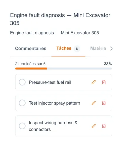 Ordre de travail ouvert sur un téléphone, montrant la check-list de sous-tâches avec une barre de progression à 33 % : mise en pression de la rampe d'injection, contrôle du jet des injecteurs, inspection du faisceau électrique