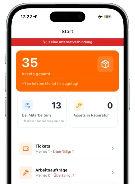 Startbildschirm von UNIO24Mobile im Flugmodus mit rotem Hinweis „Keine Internetverbindung“: Gesamtzahl der Objekte, Objekte bei Mitarbeitern, Objekte in Reparatur, Tickets und Arbeitsaufträge sind weiterhin geladen und ohne Netz bedienbar