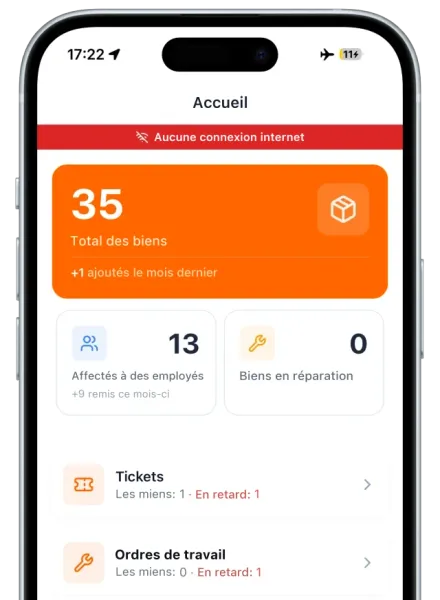 Écran d'accueil d'UNIO24Mobile en mode avion avec un bandeau rouge « Pas de connexion internet » : total des équipements, équipements chez les salariés, équipements en réparation, tickets et ordres de travail toujours chargés et utilisables hors ligne