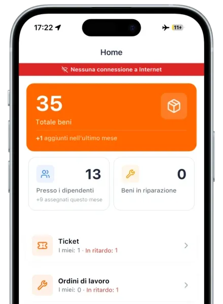 Schermata iniziale di UNIO24Mobile in modalità aereo con la fascia rossa «nessuna connessione»: totale dei beni, beni in mano al personale, beni in riparazione, ordini di lavoro e ticket restano caricati e utilizzabili