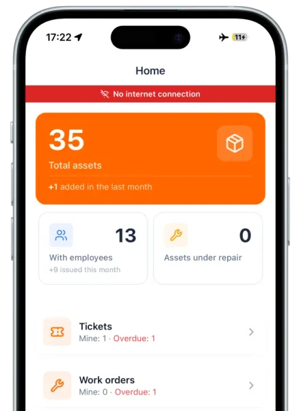 Layar utama UNIO24Mobile dalam mode pesawat dengan banner merah "Tidak ada koneksi internet": total aset, aset yang dipegang karyawan, aset dalam perbaikan, tiket, dan SPK tetap termuat dan bisa dipakai offline
