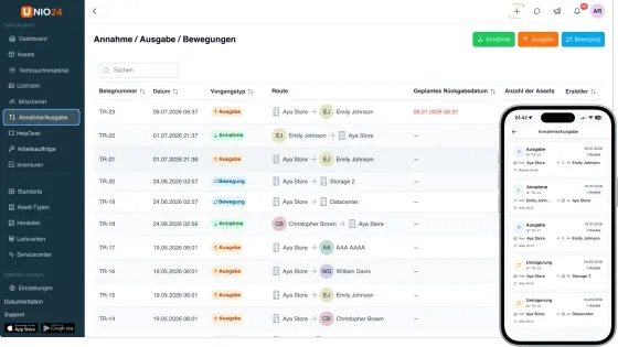 Ausgabe und Rückgabe im Bereich Annahme/Ausgabe von UNIO24, am Rechner und am Handy: jede Bewegung mit Vorgangstyp, Route und geplantem Rückgabedatum