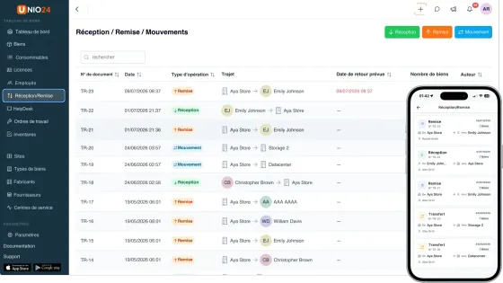 Prêts, retours et transferts dans la rubrique Réception/Remise d'UNIO24, sur le web et sur mobile — chaque mouvement avec son type d'opération, son trajet et sa date de retour prévue