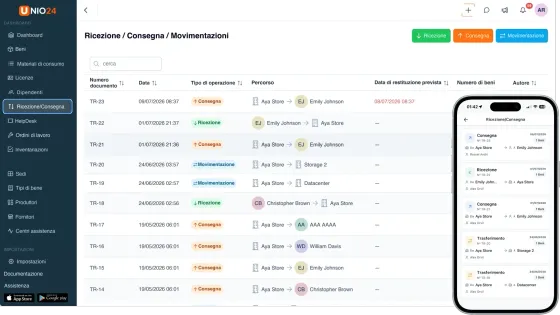 Registro di consegne, restituzioni e trasferimenti UNIO24 su web e telefono: ogni movimento con il tipo di operazione, da chi a chi e la data di rientro prevista