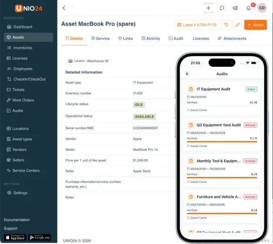 Manajemen aset cloud UNIO24 di web dan mobile: catatan aset terbuka di browser dengan daftar audit di layar ponsel