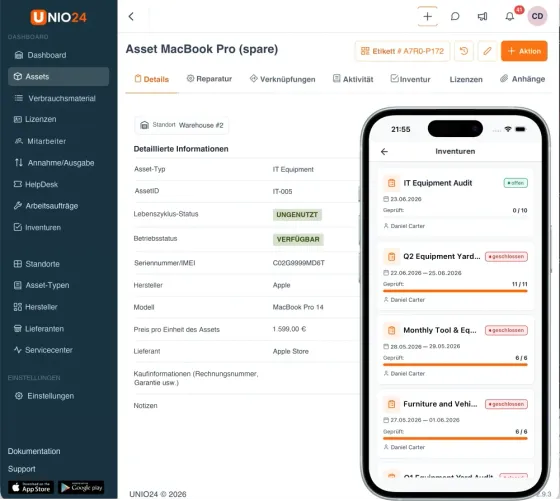 UNIO24 Cloud-Inventarverwaltung am Rechner und am Handy: links eine Objektkarte im Browser geöffnet, rechts die Liste der Inventuren auf einem Handy