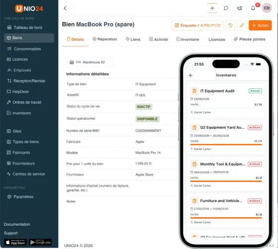 Gestion de parc UNIO24 dans le cloud, sur le web et sur mobile : une fiche équipement ouverte dans un navigateur, la liste des inventaires sur un téléphone