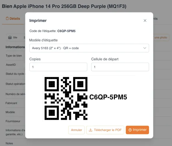 Boîte de dialogue d'impression UNIO24 : étiquette QR et code sur un modèle Avery, prête à imprimer ou à télécharger en PDF