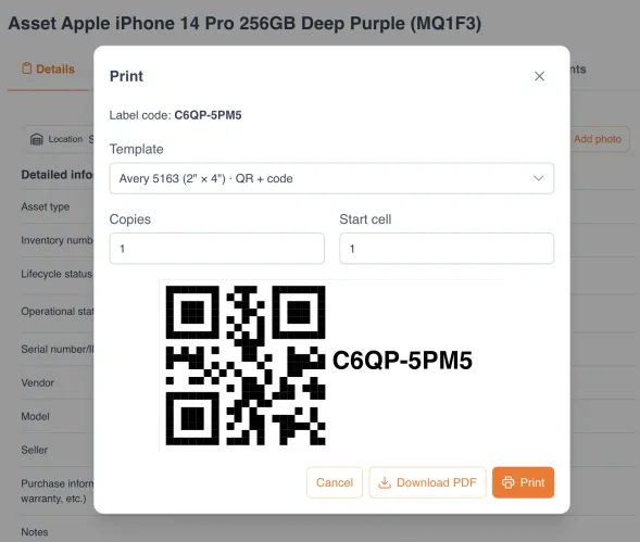 Dialog cetak UNIO24: label QR + kode pada template Avery, siap dicetak atau diunduh sebagai PDF