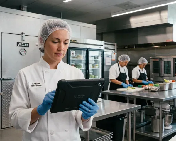 Responsável pela segurança dos alimentos registrando a verificação de refrigeração e equipamentos de cozinha em um tablet dentro de uma cozinha industrial