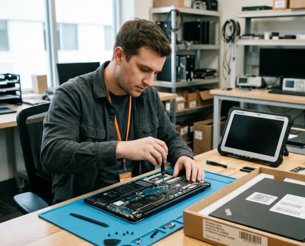 Técnico de suporte reparando um notebook aberto sobre manta antiestática na bancada, com um aparelho etiquetado embalado em caixa para envio à assistência ao lado