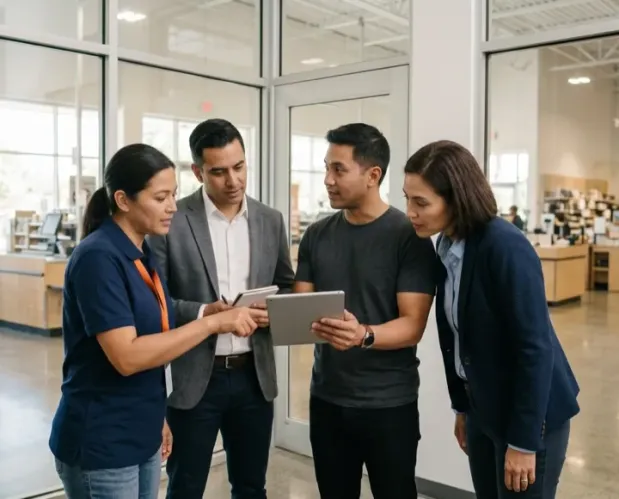 Gerente de loja, gerente regional, especialista de TI e responsável financeiro revisando o mesmo inventário em um tablet na retaguarda da loja