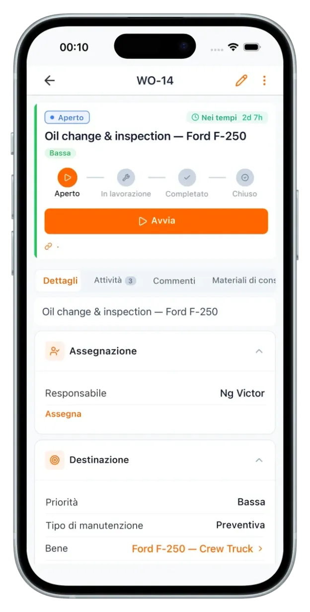 Ordine di lavoro aperto su UNIO24Mobile con stato, assegnatario, priorità, tipo di manutenzione e collegamento al cespite