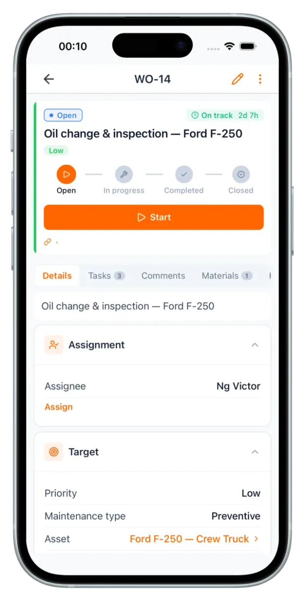 Ordine di lavoro aperto su UNIO24Mobile con stato, assegnatario, priorità, tipo di manutenzione e collegamento al cespite