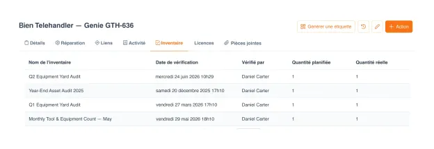 Onglet Inventaires d'une fiche équipement : quatre inventaires passés avec leurs dates, la personne qui a contrôlé, et la quantité prévue face à la quantité constatée
