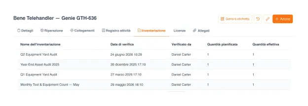 Log di audit per singolo cespite in UNIO24 — ogni modifica con utente, orario e campo