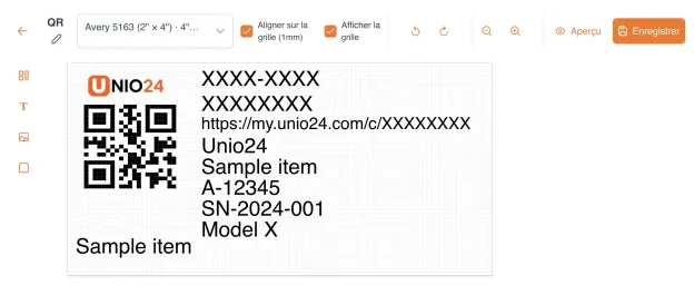 Éditeur d'étiquettes UNIO24 : QR, champs et logo disposés sur un modèle d'étiquette Avery
