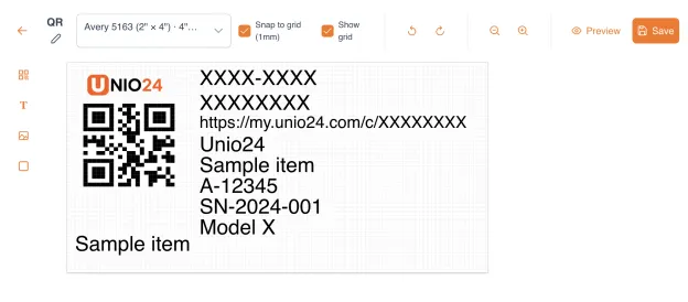 Editor label UNIO24: QR, field data, dan logo tersusun di template label Avery