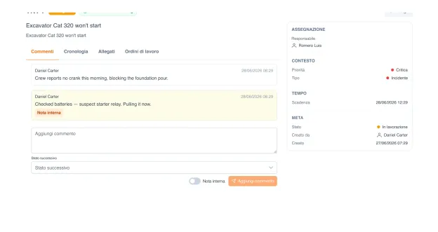 Dettaglio di un ticket UNIO24 con commenti, note interne, timer SLA e flusso di stato