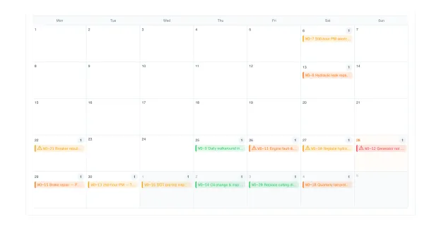 Kalender perawatan menampilkan PM mendatang, pekerjaan berjalan, dan yang terlambat
