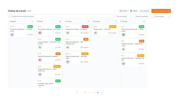 Tableau kanban des ordres de travail UNIO24 — les tâches groupées par statut, avec leur équipement, leur affectataire et leur échéance