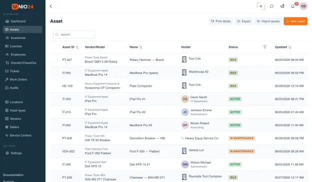Sistem aset cloud UNIO24 di browser — daftar aset yang bisa dicari lengkap dengan menu modul