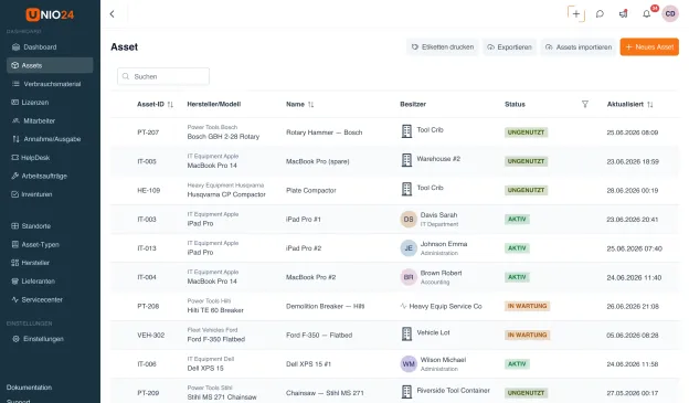 Cloud-Inventarverzeichnis von UNIO24 im Browser: durchsuchbare Objektliste neben dem Modulmenü