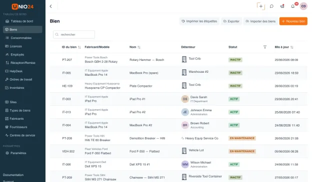 Registre de parc UNIO24 dans le cloud, ouvert dans un navigateur — liste cherchable avec le menu des modules
