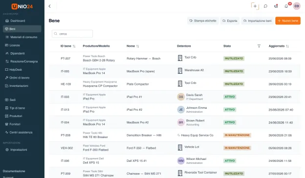 Elenco dei cespiti aperto nel browser, con la ricerca e il menu dei moduli