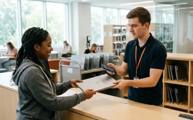 Atendente do setor de TI da universidade lendo um notebook com o celular ao entregá-lo a uma aluna, com notebooks de empréstimo nas prateleiras atrás do balcão