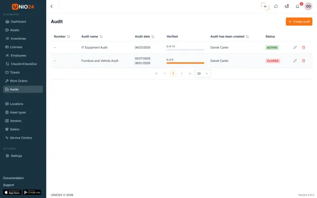 Tampilan Audit Mandiri (HP atau browser desktop): layar OTP di awal, daftar aset dengan tombol ada/hilang/rusak