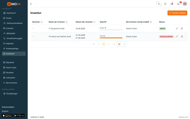 Inventur im Selbstservice am Handy und im Browser: zuerst die Eingabe des Einmalcodes, danach die Objektliste mit den Schaltflächen vorhanden, fehlend und beschädigt