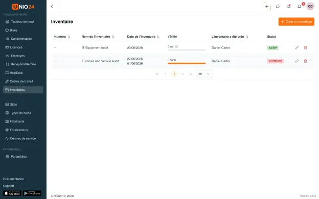 Vue de l'inventaire en libre-service (téléphone ou navigateur de bureau) : saisie du code à usage unique sur le premier écran, liste des équipements avec les boutons présent / manquant / endommagé