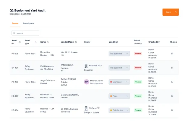 Tabel hasil audit: tiap aset ditandai Ada atau Tidak Ada, dengan kondisi tercatat (Baik, Cukup, Buruk, Rusak), siapa yang mengecek, dan kapan