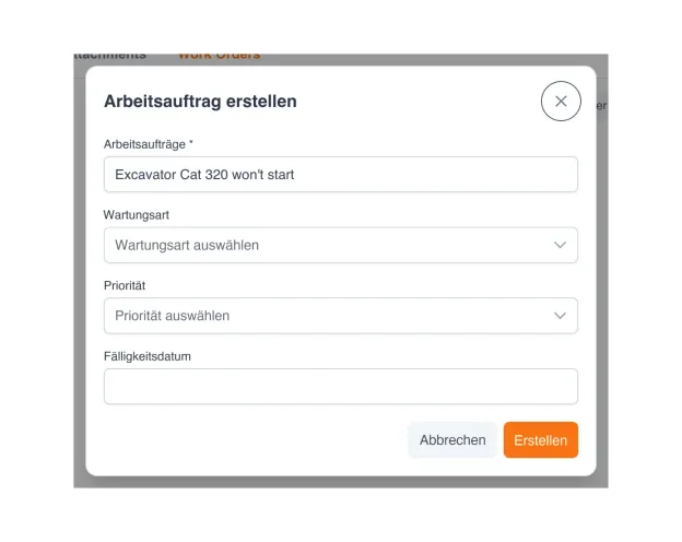 Dialog „Arbeitsauftrag anlegen“ in UNIO24, aus einem Ticket geöffnet und mit dem Titel der Anfrage vorbelegt