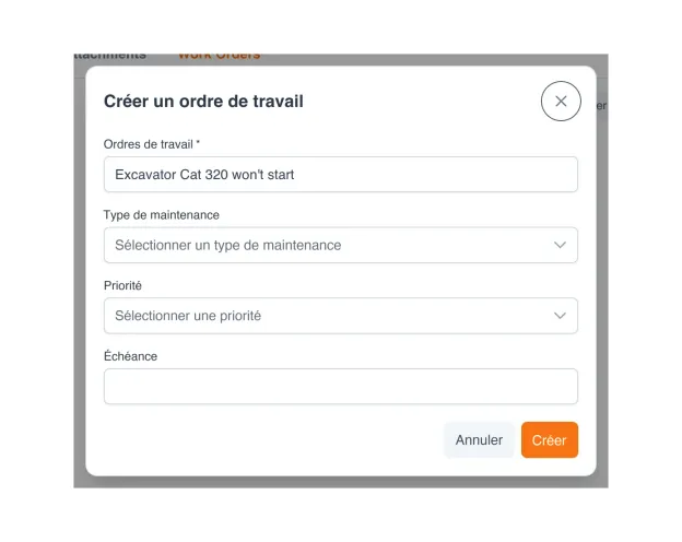 Fenêtre de création d'un ordre de travail ouverte depuis un ticket, pré-remplie avec l'intitulé de la demande