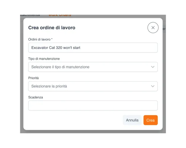 Finestra di creazione dell'ordine di lavoro aperta da un ticket UNIO24, con i campi già compilati