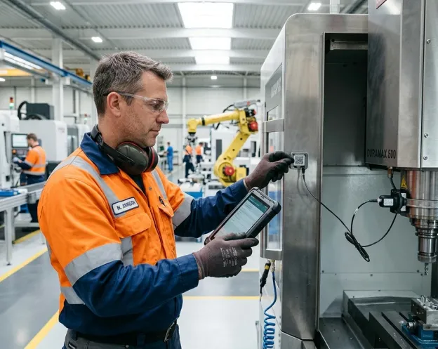 Técnico de manutenção com óculos de proteção e abafador lendo a etiqueta QR de um centro de usinagem com tablet durante a preventiva programada, sensor de condição na carcaça e braço robótico ao fundo