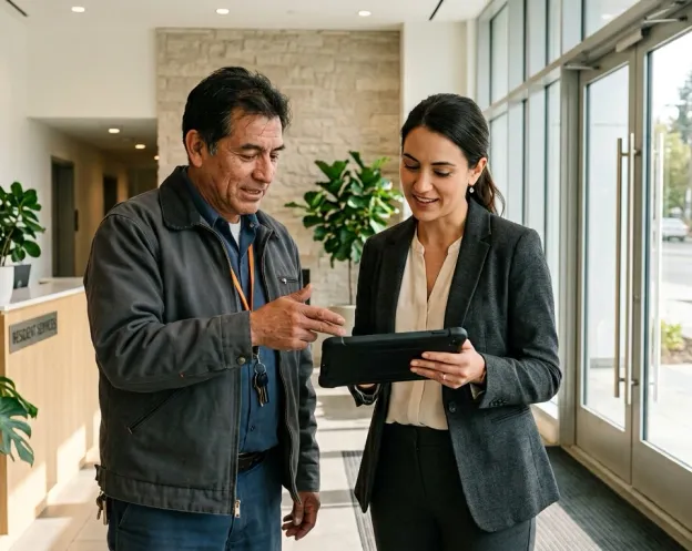 Encargado y administradora revisando la misma tablet durante la entrega de información entre campo y oficina