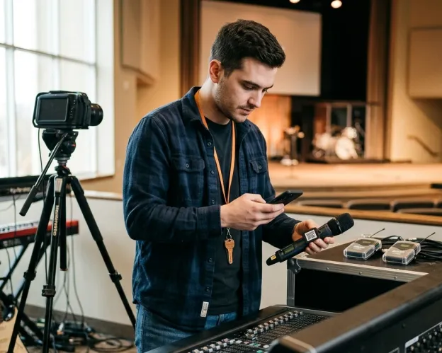Técnico de som lendo com o celular a etiqueta QR de um microfone sem fio antes do culto, com mesa de som, câmera, teclado e monitores de retorno ao redor e o palco ao fundo