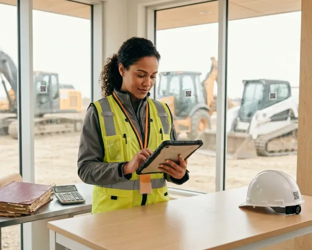 Un gerente de proyecto revisando el costo de equipo por obra en una tableta resistente, en una oficina de obra ordenada con maquinaria etiquetada con QR visible por la ventana y una libreta de papel y una calculadora dejadas de lado